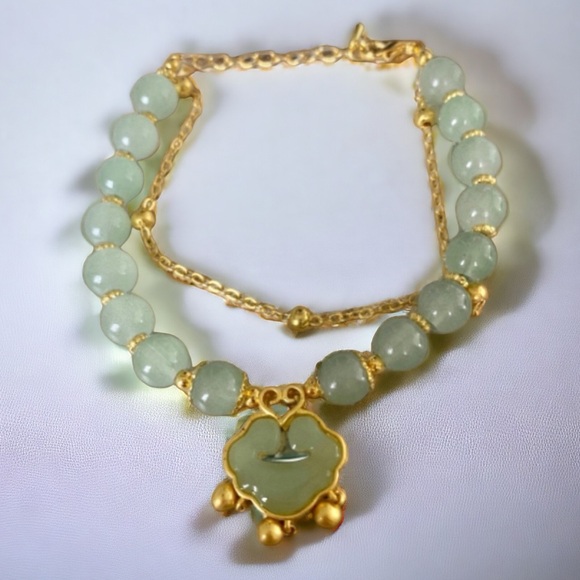GREEN JADE/925 GOLD TRADITIONAL CHINESE BRACELET W/ JADE LOTUS DROP - Picture 1 of 11